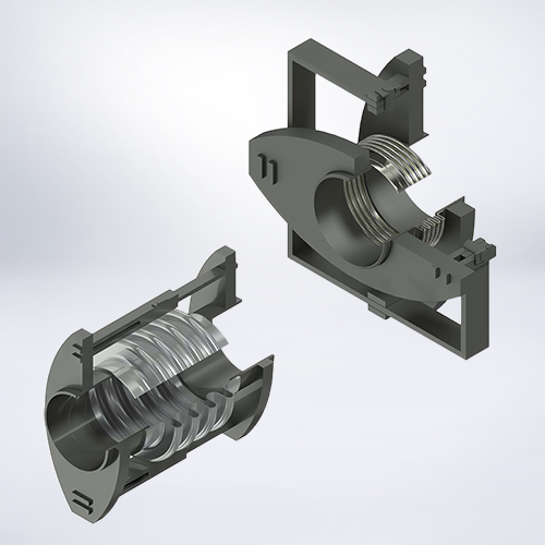 Darstellung eines Angularkompensators und eines Kardankompensators mit mehrlagigen Metallbälgen in Schnittansicht entwickelt von der Hatec Flex GmbH zur Aufnahme von Winkelversätzen und komplexen Bewegungen in Rohrleitungssystemen