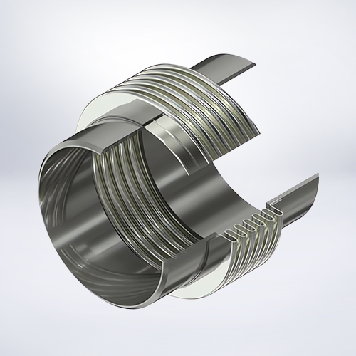 Metallischer Axialkompensator mit gewelltem Balg für industrielle Rohrleitungssysteme entwickelt und produziert von Hatec Flex GmbH zur Aufnahme axialer Bewegungen und thermischer Ausdehnungen