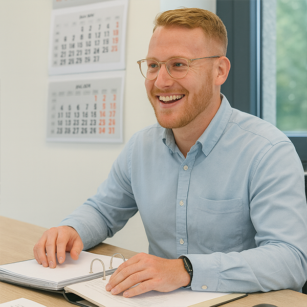 Mitarbeiter der Hatec Group arbeitet gut gelaunt in der Buchhaltung am Schreibtisch mit Unterlagen und Kalendern im Hintergrund mit Fokus auf Organisation und Finanzverwaltung