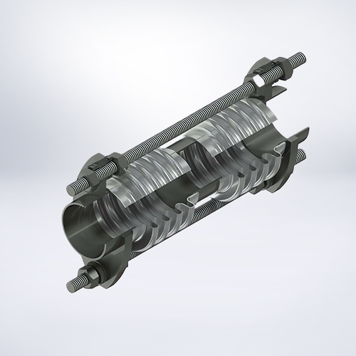Technische Darstellung eines Edelstahl Axialkompensators mit Zugankern zur Aufnahme von Längenänderungen in Rohrleitungssystemen von Hatec Flex