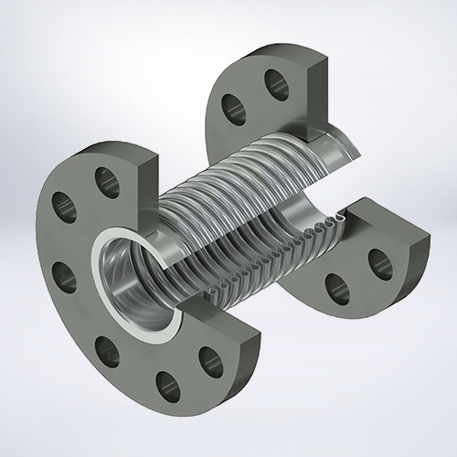 Schnittmodell eines Edelstahl Angularkompensators mit Flanschen zur Aufnahme von Winkelbewegungen in industriellen Rohrleitungen von Hatec Flex