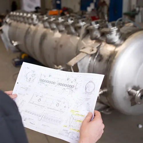 Techniker pr&uuml;ft Konstruktionszeichnung vor einem gro&szlig;en Edelstahlbeh&auml;lter w&auml;hrend einer Hatec Industriemontage mit Fokus auf Anpassungen Reparaturen und Instandhaltung komplexer Anlagen